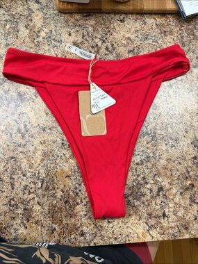 Red Ribbed High-Cut Bikini Bottoms